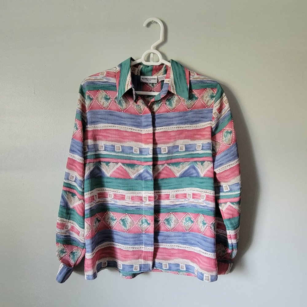 Vintage Alfred Dunner Petite Blouse Women's 10P Long Sleeve Button-Up Pink Blue
